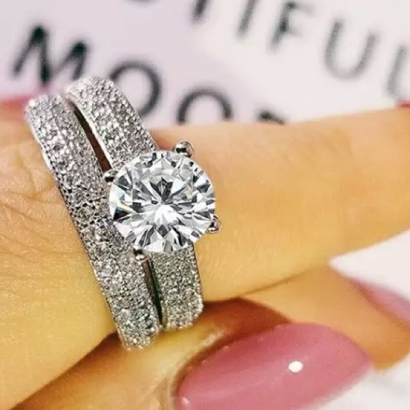 Jewelry - 2PC 925 STERLING SILVER CUBIC ZIRCON SET RING + BAND